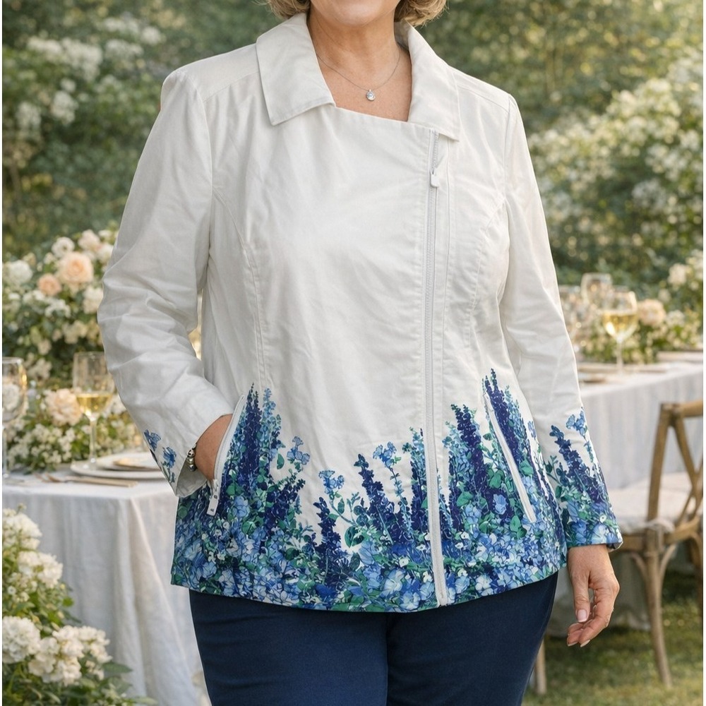 Dennis Basso Womens White Blue Floral Cotton Moto Jacket Plus SZ 22W Layer NWOT